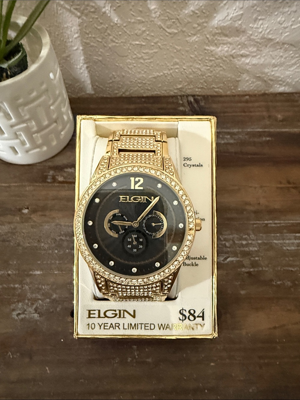 Elgin Gold Crystal Accent Mens Large Watch - Black Dial